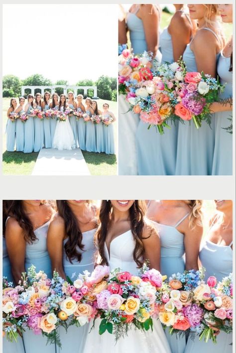 Pastel Summer Wedding Theme, Cute Summer Wedding Ideas, Pinks And Blue Wedding, Wedding Themes Bright, Dusty Blue Wedding With Colorful Flowers, Wildflower Wedding Theme Bridesmaid Dresses, Bright Summer Wedding Table Decor, Spring Early Summer Wedding, Nontraditional Bouquet Wedding