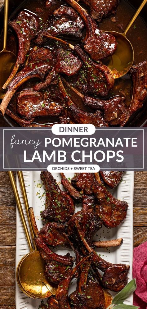 Fancy Pomegranate Lamb Chops—a delicious main course that's sure to impress! With its succulent flavor it's the perfect centerpiece for your dinner table. Plus, it pairs beautifully with all your favorite sides, making it a versatile choice for any occasion! | pomegranate lamb chops recipe | lamb chops with pomegranate sauce | pomegranate glazed lamb chops Romantic Home Cooked Dinner, Pomegranate Lamb Chops, Sweet Lamb Chop Recipes, Fancy Steak Dinner Ideas Sides, Lamp Shoulder Chops Recipes, Dinner Ideas Gourmet, Glaze For Lamb Chops, Lamb Meals Dinners, Tender Lamb Chops Recipe