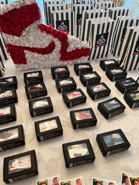 Air Jordan Party Theme Ideas, Sneaker Ball Fundraiser, Just Do It Party Theme, Sneaker Theme Party Ideas Air Jordans, Sneaker Themed Gender Reveal, Shoe Themed Party Decorations, Sneaker Birthday Party Ideas Decoration, Nike Party Centerpieces, Sneaker Head Gender Reveal Ideas