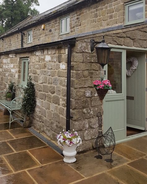 Wet morning in Nidderdale ...still looks lovely though.... Yorkshire stone...chartwell geeen windows and door. Yorkshire Stone House, Chartwell Green Front Door, Stone Cottages Interior, Small Stone Cottage, Red Barn Door, Porch Extension, Stone Porches, Cottage Front Doors, Green Front Doors