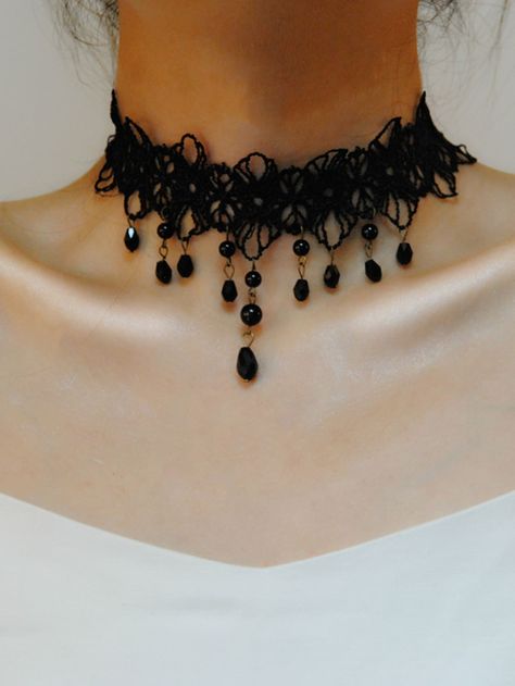 Classy Halloween, Black Lace Choker, Lace Choker Necklace, Lace Choker, Lace Necklace, Black Choker, Beaded Choker Necklace, Beaded Tassels, Beaded Choker