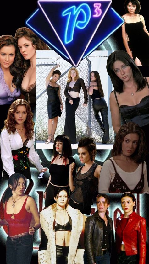 A collage of different outfits from the 90s TV show Charmed. Most of the outfits are dark colors. Charmed Tv Show Outfits, Early 90s Fashion, Charmed Tv Show, 90’s Outfits, Charmed Tv, Charmed Sisters, Alt Goth, Make Videos, Fashion Content