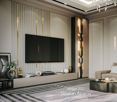 Livingroom. Neoclassic. 2021 on Behance Living Room Lighting Design, Modern Tv Room, Tv Unit Interior Design, Latest Living Room Designs, Unit Design, Tv Panel, Tv Room Design, Interior Design Software, Modern Luxury Bedroom