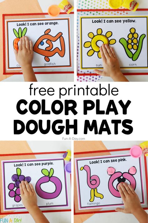 Color Playdough Mats Free Printable - Fun-A-Day! Preschool Play Doh Mats Free Printables, Pre K Playdough Activities, Free Printable Playdough Task Cards, Free Printable Playdoh Mats, Abc Playdough Mats Free, Play Doh Task Cards Free, Playdough Challenge Cards, Free Printable Playdough Mats, Alphabet Playdough Mats Free