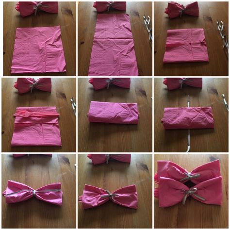 Gender Reveal! Turn napkins and cutlery into bow ties and bows! Take a square napkin, add knife spoon and fork, fold in half, tie cute ribbon in center and voila, a bow! Cheap Baby Shower Decorations, Cheap Decorations, Napkin Ideas, Boy Baby Shower Centerpieces, Free Baby Shower Games, Baby Boy Themes, Cheap Baby Shower, Baby Shower Napkins, Free Baby Shower