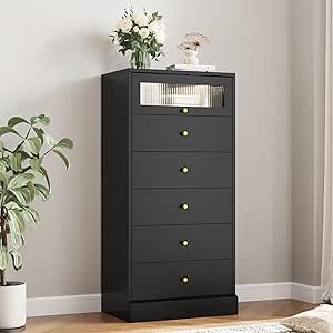 Tall Black Dresser, Black And Gold Dresser, Dresser Modern, Forest Vibes, Dresser Black, Glass Drawer, Black Dresser, Gold Dresser, Black Dressers