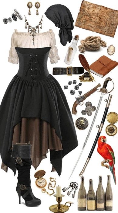 Fantasy Pirate Aesthetic Clothes, Pirate Wench Accessories, Black Pirate Costume Woman, Female Pirate Accessories, Female Pirate Clothes, Piret Outfits, Diy Pirate Corset, Goth Pirate Costume, Pirate Attire Women