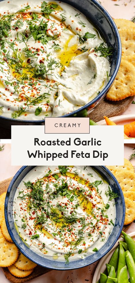 Creamy garlic feta dip made with a whole head of roasted garlic, protein-packed Greek yogurt, fresh lemon juice, and feta cheese. You'll love the savory, salty, tangy flavors whipped together in this easy garlic feta dip! Top with fresh herbs and serve with veggies, crackers, and more. Italian Feta Dip, Feta Veggie Dip, Crazy Feta, Ambitious Kitchen Recipes, Healthy Dip Recipes, Parmesan Roasted Potatoes, Feta Dip, Feta Recipes, Healthy Dips