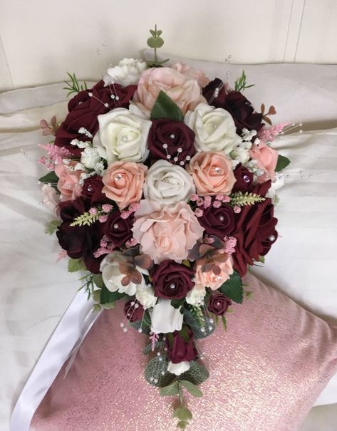 Burgundy, peach blush & ivory teardrop bouquet Teardrop Bouquet, Burgundy And Blush Wedding, Burgundy Bouquet, Blush Bouquet, Bridal Bouquet Fall, Winter Wedding Flowers, Fall Wedding Bouquets, Fall Wedding Flowers, Peach Blush