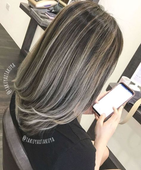 Best hair Color Silver Blonde Highlights, Ash Blonde Highlights On Dark Hair, Blonde Highlights On Dark Hair, Grey Hair Transformation, Best Hair Color, Ash Blonde Highlights, Ash Hair Color, Silver Highlights, Dark Hair With Highlights