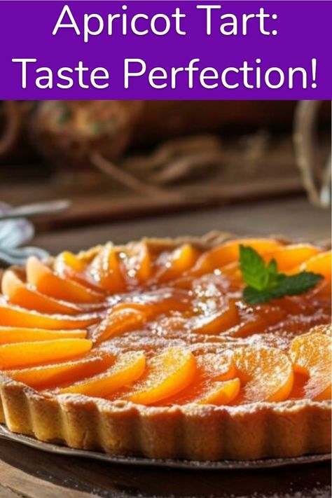 Apricot tart topped with fresh slices and garnished with mint, set on a wooden table with a cup of tea and fresh apricots in the background. Apricot Recipes Dinner, Apricot Baking, Fresh Apricot Recipes, Apricot Desserts, Apricot Tart Recipe, Apricot Delight, Apricot Dessert, Fresh Apricots, Apricot Tart