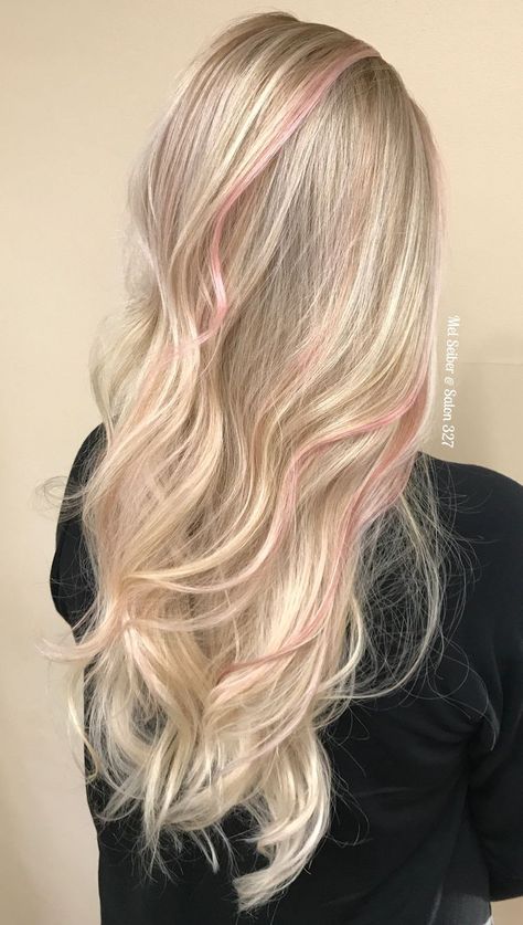 Blonde Balayage with pink peekaboos Strawberry Blonde Pink, Balayage With Pink, Blonde Balayage With Pink, Blonde Pink Balayage, Pink Hair Inspiration, Blonde And Pink Hair, Blonde And Pink, Pink Hair Highlights, Pink Balayage