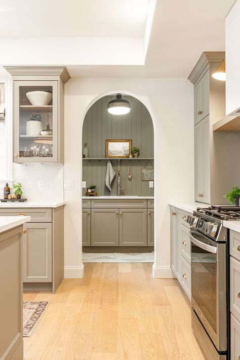 Arched Doorway, Beautiful Pantry, Green Kitchen Cabinets, Diy Backsplash, Up House, Pantry Design, White Cabinets, Kitchen Style, House Inspo