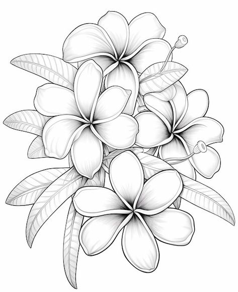 Jungle Flowers Drawing, Floral Outline Drawing, Plumeria Drawing, Traceable Drawings, Teknik Quilling, Tropical Flower Tattoos, Pencil Drawings Of Flowers, Flower Drawing Tutorials, Perfect Tattoo