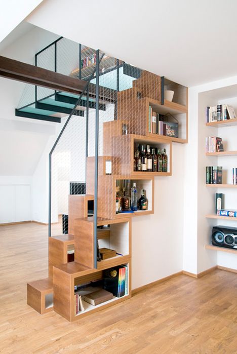 Steps to Saving Space: 15 Compact Stair Designs for Lofts, stunning, architectural, conversation starter! Creative Staircase Ideas, Stair Solutions, Compact Stairs, Scale Loft, Stair Bookshelf, Wooden Staircase Design, Space Saving Staircase, Stair Shelves, Stair Ideas