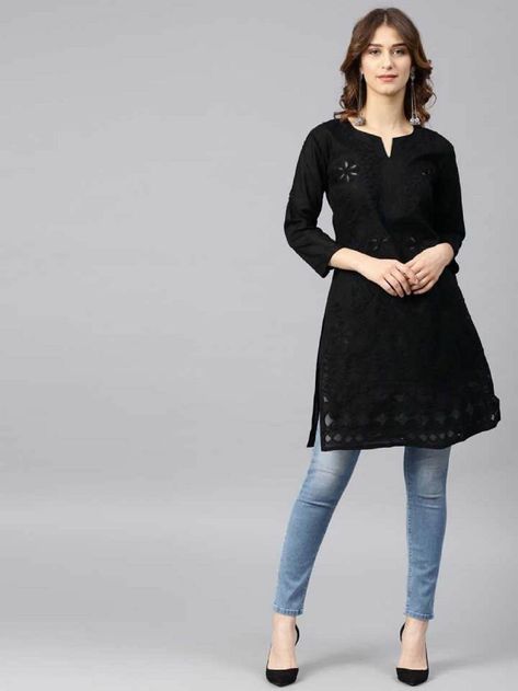 Black Kurti, Kurti Top, Ladies Long Top, Chikankari Kurti, Designer Kurta, Black Indians, Kurta Dress, Ethnic Looks, Cotton Tunic