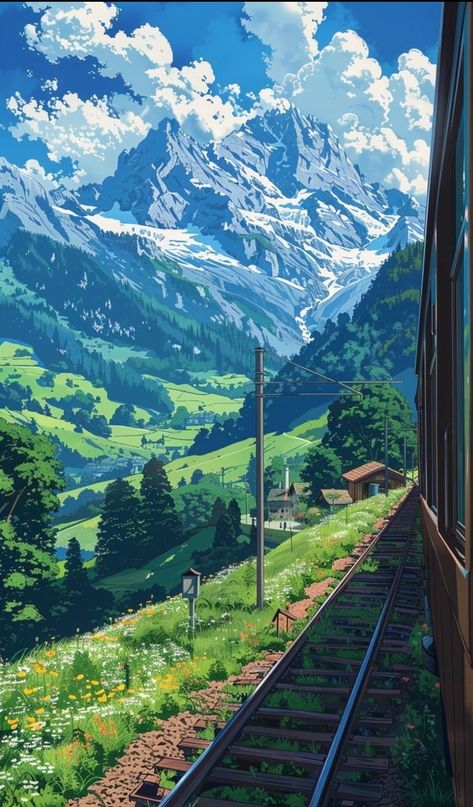 This draw is not mine, it belongs to @gogoblingo (instagram) Mining Drawing, Drawing Mountains, Mountains Drawing, Train Wallpaper, Green Scenery, Piskel Art, Dreamy Artwork, Ghibli Artwork, Dreamy Landscapes