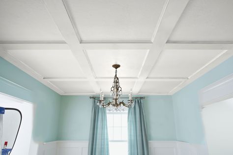 Apply basic carpentry techniques to primed boards and molding to add a formal, elegant touch to any room Best Ceiling Paint, Diy Coffered Ceiling, Small Basement Remodeling, Coffered Ceiling Design, Ceiling Paint Colors, Ceiling Treatments, Diy Ceiling, This Old House, Living Room Ceiling