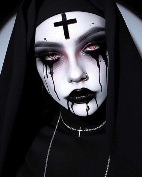 Black Halloween Makeup, Nun Halloween, Demon Makeup, Nun Outfit, Holloween Makeup, Creepy Makeup, Horror Make-up, Creepy Halloween Makeup, Halloween Makeup Pretty