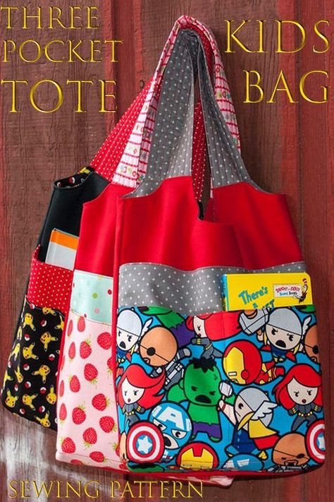 Kids Bags To Sew, Kids Tote Bags Diy, Easy Bags To Sew, Fabric Bags For Kids, Diy Tote Bag Pattern, Library Bags, Kids Tote Bag Pattern Free, Kids Sewing Projects, Library Bag Pattern