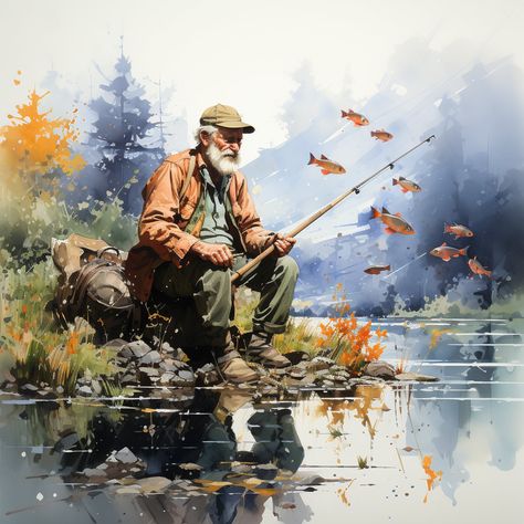 Man Fishing Painting, Man Fishing Drawing, Old Man Fishing, Fishing Drawing, Watercolor Fishing, Fishing Painting, Joe Miller, Master Watercolor, Man Fishing