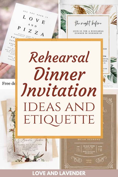 Rehearsal dinner invitations can be as casual or formal as you like. It all depends on your personal style and the kind of dinner you’re hosting. Check out Love and Lavender's tips and choices of the best invitations for "the night before''. See it all here! #rehearsaldinnerinvitation #rehearsaldinnerinvites #thenightbeforeinvitation #rehearsaldinner Who Do You Invite To Rehearsal Dinner, Wedding Rehearsal Invitations Wording, Raised Head Table Wedding, Rehearsal Party Invitations, Rehearsal Dinner Soup Bar, Grooms Dinner Invitations, How To Plan A Rehearsal Dinner, Rehearsal Dinner Balloon Decorations, Unique Rehearsal Dinner Ideas