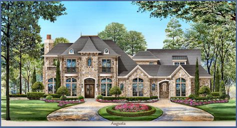 This luxurious European mansion is a great fit for any family. The entrance of this home features double wrought iron metal doors, welcoming you into the grand foyer. Two Story House Plans, European House Plan, European Home, Grand Foyer, Casas Coloniales, European House, Garden Tub, Country House Plans, Open Layout