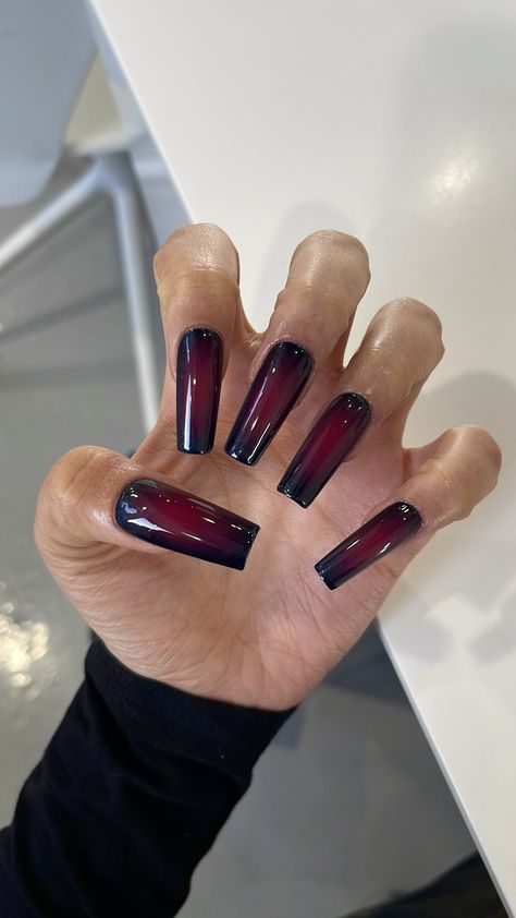 Pretty Square Nails Long, Black And Red Aura Nails, Opera Nails, Aura Nails Red, Dark Aura Nails, Burgundy Acrylic Nails, Extreme Nails, Plum Nails, Aura Nails