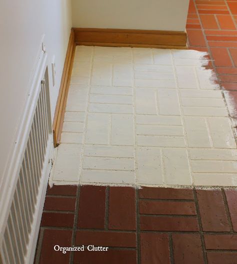 This looks just like my 1950's foyer tile.  It's not really tile, and the floor expert said it would be hard to replace...so maybe this is the answer! Painted Brick Floor, Paint Floor Tile, Painting Ceramic Tile Floor, Painted Terracotta Tiles, Red Tile Floor, Brick Floor Kitchen, Brick Tile Floor, Tile Makeover, Painting Ceramic Tile