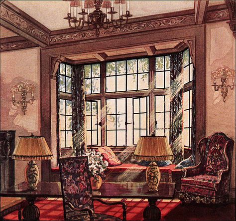 1930's interiors flickr set  Fenestra Window Ad by American Vintage Home, via Flickr 1930s Bohemian Decor, Coastal Victorian, Window Ads, 1930s Decor, 1930s House Interior, Sala Vintage, Teenager Bedroom, Red And White Kitchen, Blithe Spirit