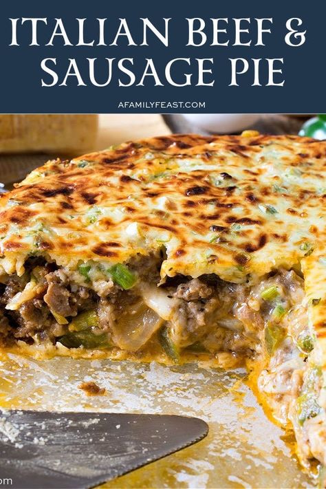 Italian Beef and Sausage Pie combines ground beef, sweet Italian sausage, three kinds of cheese, onions and peppers, and Italian seasonings in a satisfying and delicious meal. Pork Casseroles, Ground Beef And Italian Sausage, Ground Beef And Sausage, Italian Pie, Sweet Italian Sausage Recipes, Sausage Pie, Italian Dinners, Beef Entrees, Sausage Recipes For Dinner