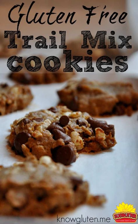 Trail Mix SunButter Cookies - Gluten Free, Peanut Free - know gluten Sunbutter Recipes, Sunbutter Cookies, Sun Butter, Butter Shortbread Cookies, Trail Mix Cookies, Gluten Free Peanut Butter Cookies, Sunflower Butter, Healthier Desserts, Gluten Free Peanut Butter