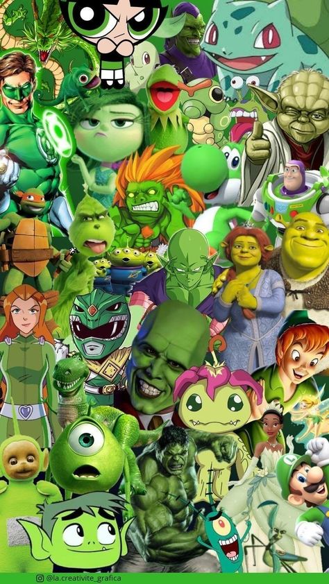 Green Characters Cartoon, Green Disney Characters, Green Cartoon Characters, Wendy Anime, Colored Characters, Alternative Disney Princesses, Green Pokemon, Rainbow Cartoon, Colorful Characters