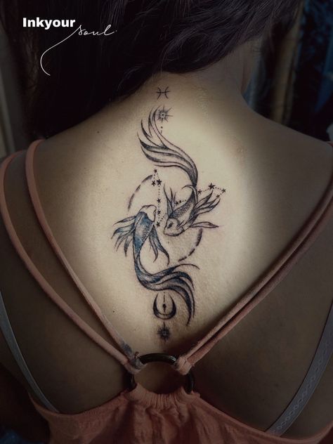 Pisces Spine Tattoo, Pisces Goddess Tattoo, Pisces Tattoo, Scorpio Tattoo, Pisces Tattoos, Neck Tattoos Women, Goddess Tattoo, Fantasy Tattoos, Shoulder Arm Tattoos