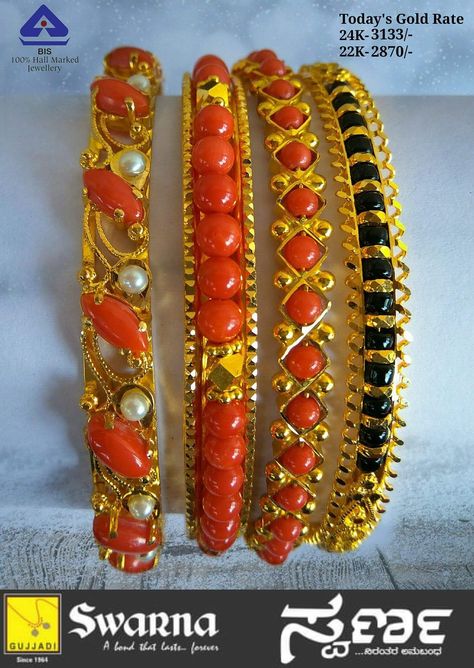 Coral bangle Coral Gold Bangles, Coral Bangles Gold, Coral Bangles Gold Indian, Pearl Bangle Designs, Black Beads Bangles, Gold Pearl Bangles, Coral Bangles, Pearl Bangles Gold, Beads Bangles