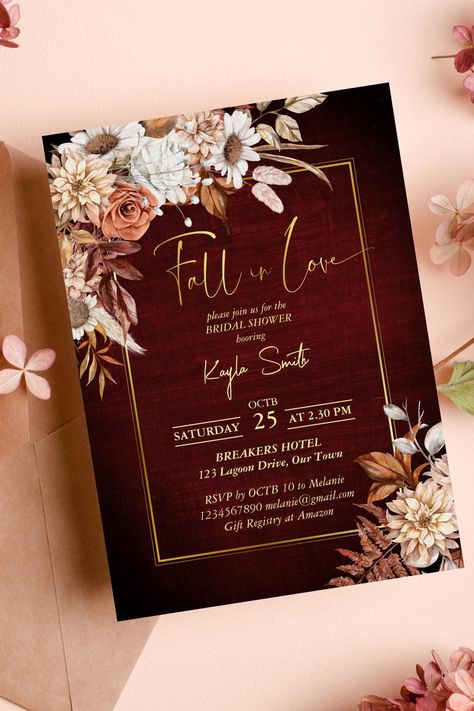 Fall in love terracotta brown dried roses fall themed bridal shower template invitation  download Wedding Invitations Fall, Brown Roses, Dried Roses, Marriage Cards, Digital Invitations Wedding, Template Invitation, Themed Bridal Shower, Burgundy Wedding Invitations, Fall Bridal Shower