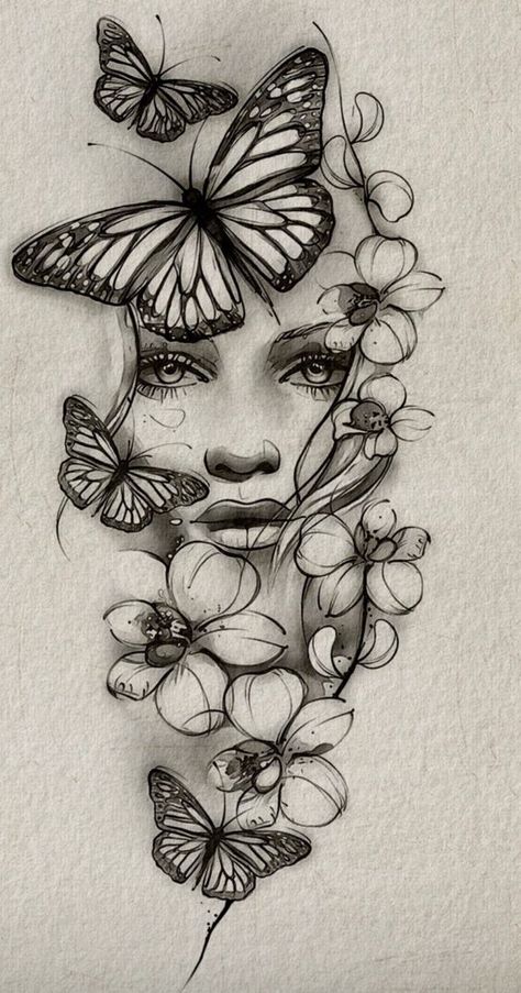 Womans Leg Tattoo Ideas, Woman Face Flower Tattoo, Thigh Tattoos Women Drawing, Unique Quarter Sleeve Tattoos For Women, Face With Butterfly Tattoo, Woman Face Tattoo Design Drawings, Stencil Tattoo Ideas For Women, Unique Half Sleeve Tattoos For Women Lower Arm, Butterfly Woman Tattoo