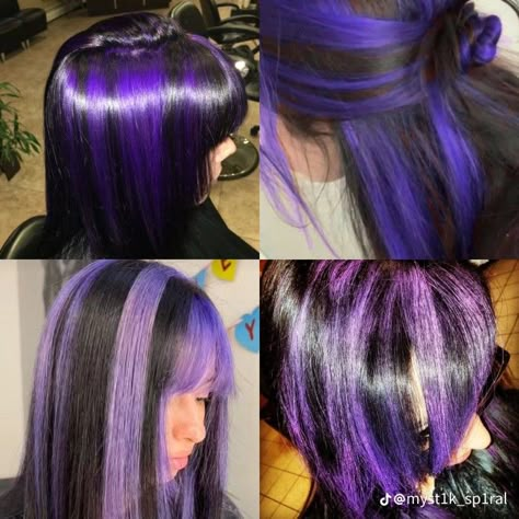 Black Pink Purple Hair, Hair Colored Streaks, Pink Purple Black Hair, Skunk Hair Purple, Y2k Dyed Hair, Purple Skunk Hair, Purple Highlights Hair, Purple Chunky Highlights, Black And Purple Hair