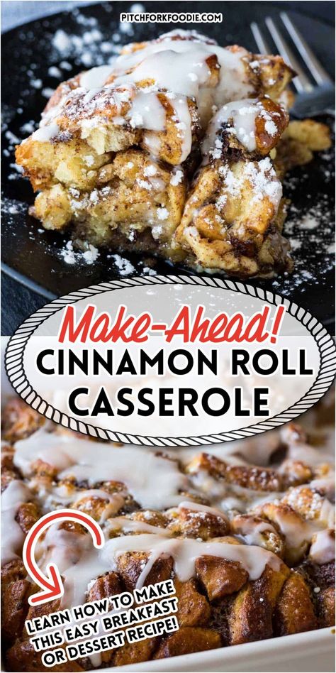 make-ahead cinnamon roll casserole in pan; make-ahead cinnamon roll casserole on plate with fork Easter Morning Breakfast, Cinnamon Roll French Toast Casserole, Toast Recipe Breakfast, Cinnamon Roll French, Cinnamon Roll French Toast, Cinnamon Roll Casserole, Cinnamon Roll Bake, Cinnamon French Toast, Easter Morning