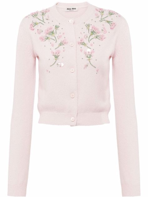 Miu Miu floral-embellished Cashmere Cardigan - Farfetch Perfect Cardigan, Floral Cardigan, Knitted Romper, Pink Cardigan, Pink Outfits, Girly Fashion, Cashmere Cardigan, Knitwear Women, Couture Fashion