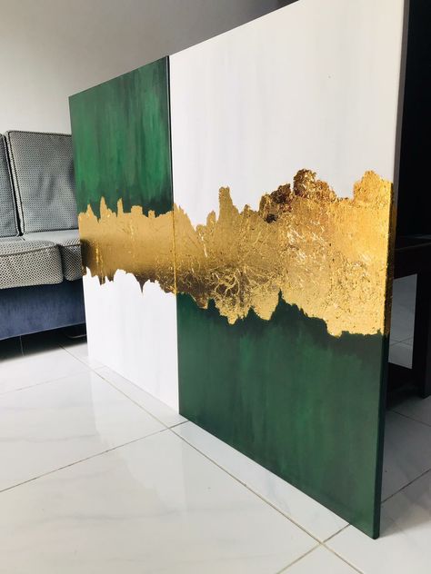 Gold Leaf Canvas Painting, Abstract Gold Leaf Painting, Painting With Gold Leaf, Bathroom Painting, Painting With Gold, Abstract Wall Art Painting, Gold Artwork, Gold Art Painting, Painting Green