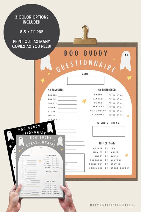 This questionnaire pairs perfectly with the You've Been Booed Halloween Activity! Use this questionnaire to gather ideas for what to use in your boo baskets or use as a way to get to know coworkers, neighbors, etc! Gift Exchange Questionnaire, Halloween Gift Exchange, Boo And Buddy, Been Booed, You've Been Booed, Candy Candle, Standard Paper Size, What To Use, Sweet Valentine