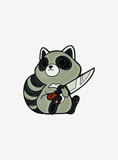 Small Raccoon Drawing, Raccoon With Knife Tattoo, Cute Critters Drawings, Raccoon Holding Something, Cute Animals With Knives, Animals With Knives Tattoos, Simple Raccoon Drawing, Animals Holding Knife, Cute Raccoon Art