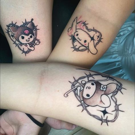 My Melody And Kuromi Tattoo Ideas, My Melody And Kuromi Matching Tattoos, Kuromi And Melody Tattoo, Hello Kitty And Friends Tattoo, Kuromi And My Melody Matching Tattoo, Matching Sanrio Tattoos, Kuromi Matching Tattoos, Sanrio Tatoos, Kuromi Tattoo Aesthetic