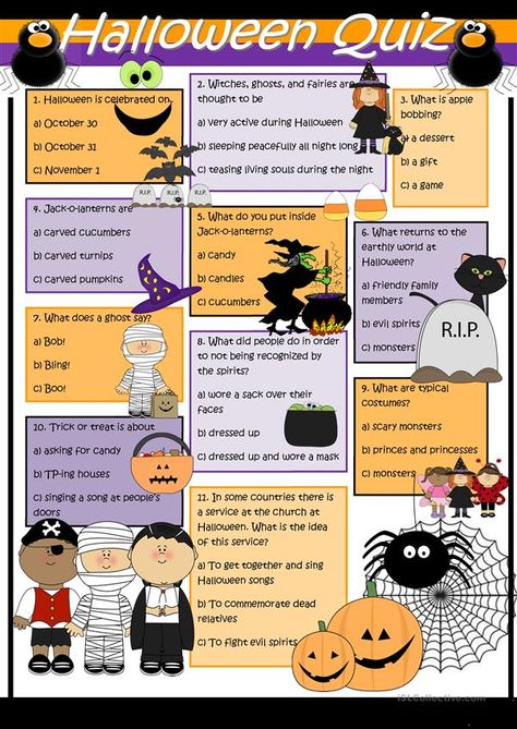 Halloween Elementary, Halloween Quiz, Halloween Lesson, Halloween Worksheets, Halloween Classroom, Halloween Activities For Kids, English Activities, Halloween Crafts For Kids, Esl Worksheets