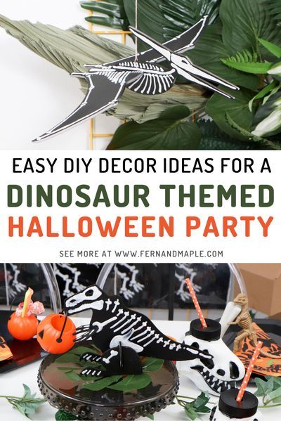 Get step-by-step instructions for creating easy DIY Dinosaur Themed Halloween decor, including backdrop props, centerpieces, and tableware! Perfect for a pre-trick-or-treating party for kids. Get all of the details now at fernandmaple.com! Dinosaur Halloween Birthday Party, Dinosaur Party Backdrop Ideas, Dinosaur Halloween Party, Dinosaur Halloween Decorations, Dinosaur Diy Decor, Diy Dinosaur Decor, Spooky Dinosaur, Backdrop Props, Themed Halloween Party