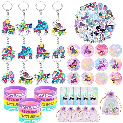 PRICES MAY VARY. Package included: 50 x stickers, 12 x keychains, 12 x Button Pins, 12 x organza bags, 12 x rubber bracelets, 12 x cards. The specific dimensions are shown in the drawing. CHOKING HAZARD-Small parts. Not for children under 3 years. Material: button pins are made of metal, resin and plastic material which is healthy and harmless. Keychains are made of acrylic and bracelets use the material of rubber which is soft. Uses: when you plan a roller skate themed party or birthday party, Skate Into 8 Birthday, Barbie Skate Party, Skate Party Ideas, Roller Skating Birthday Party Ideas, Roller Rink Birthday Party, Roller Skating Party Favors, Roller Disco Party, Roller Rink Birthday, 90s Themed Party