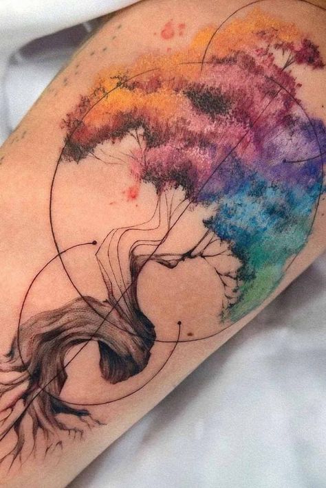 Beautiful Tree Tattoo Designs with a Deeper Meaning to Them ★ Oak Tree Tattoo Designs, Watercolor Tree Tattoo, Aspen Trees Tattoo, Tree Tattoo Ideas, Simple Tree Tattoo, Ankle Tattoo Ideas, Tree Tattoo Meaning, Watercolor Tattoo Tree, Cherry Blossom Tree Tattoo