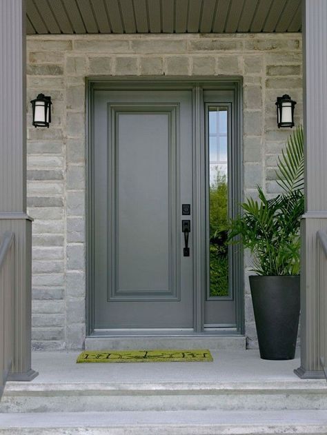 Entry Door With Sidelights, Steel Entry Doors, Black Front Doors, Front Door Entrance, Exterior Front Doors, Painted Front Doors, House Front Door, Main Door Design, Front Entry Doors