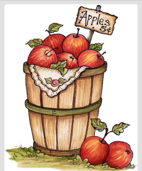 Apples Fruit Basket Illustration, Basket Illustration, Apple Basket, Fall Clip Art, Apple Art, Country Paintings, Cute Clipart, Tole Painting, Country Art